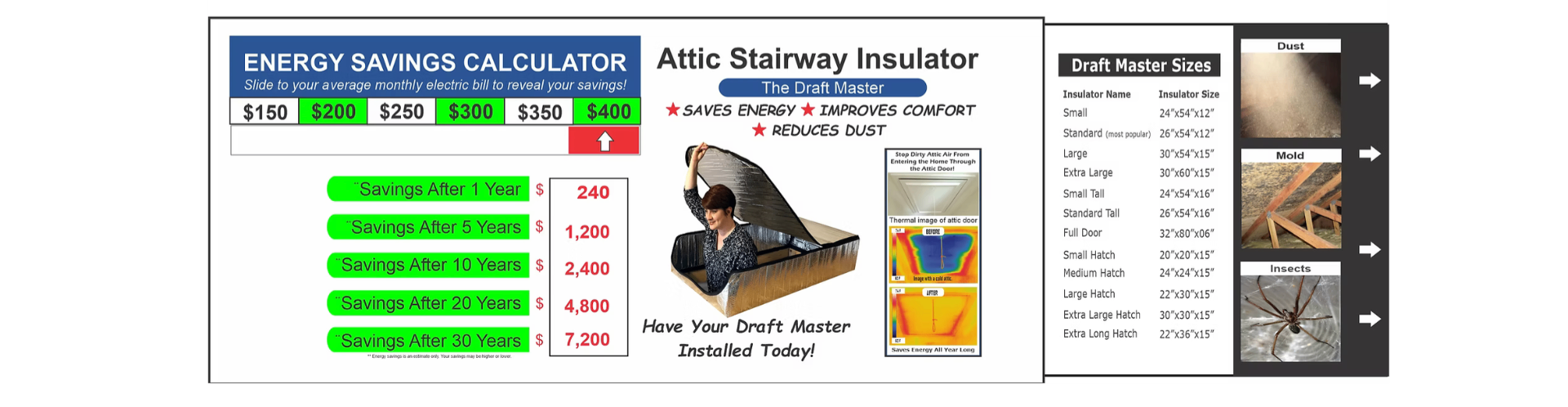 Attic Stairway Insulator — The Draft Master: energy savings calculator, saves energy, improves comfort, reduces dust, and available Draft Master sizes
